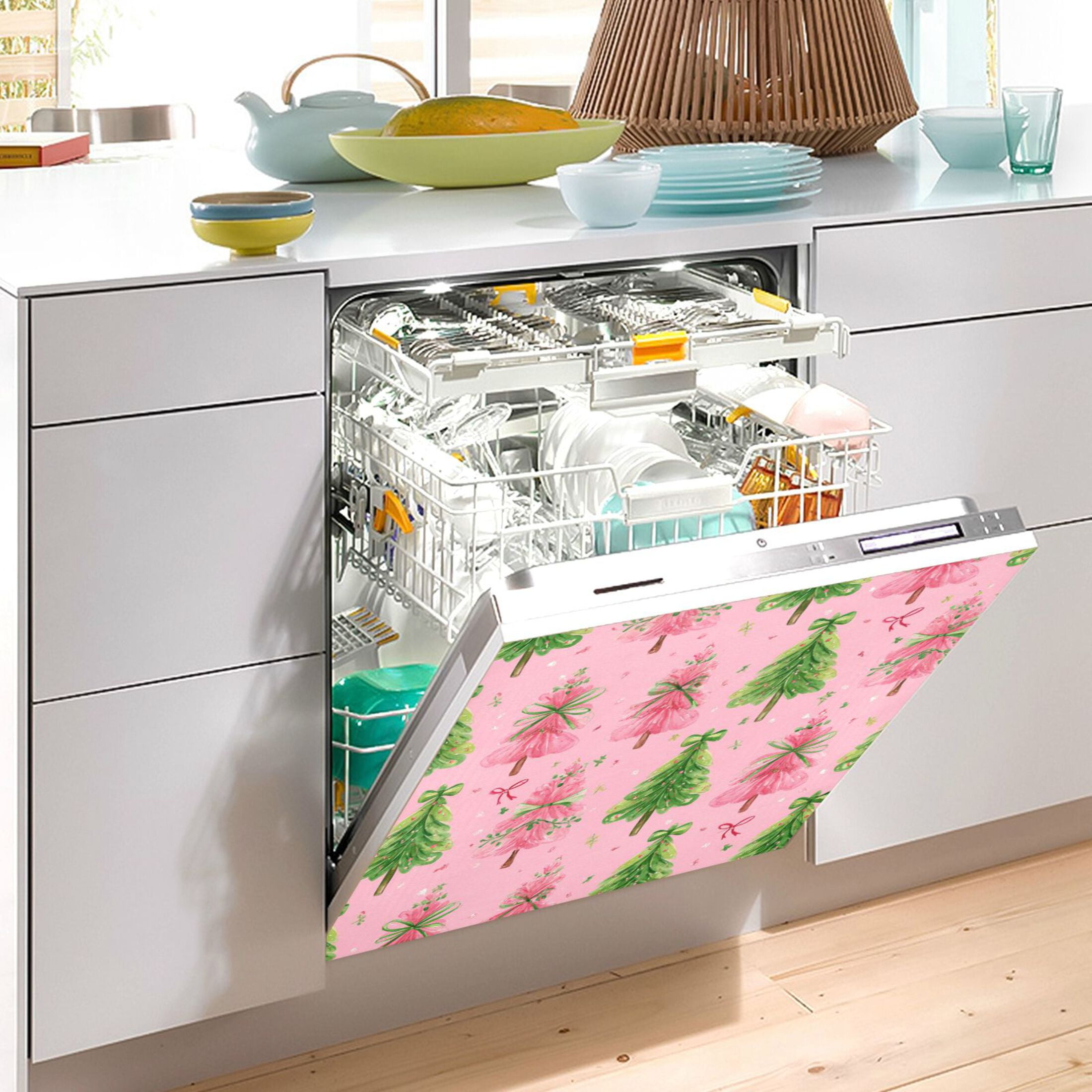 Dishwasher Magnetic Refrigerator Magnet Cover Sticker Home Decorative 23"x26" Pink Christmas Tree Pattern