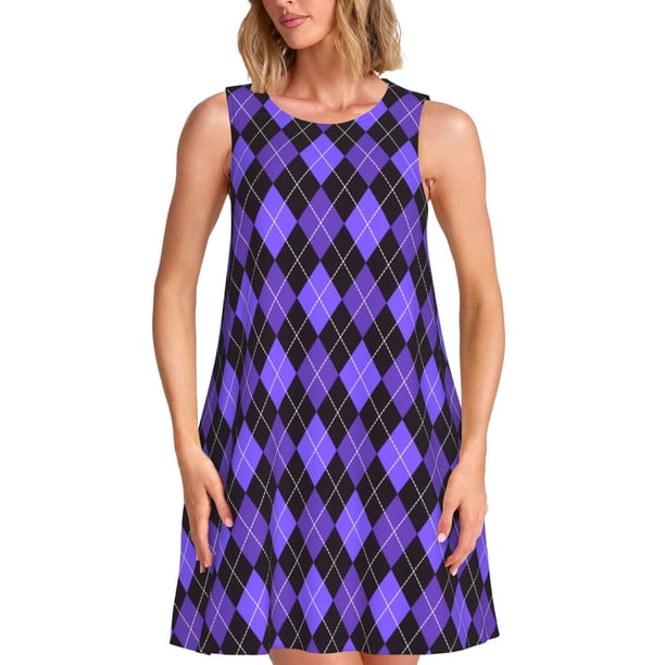 Easygdp purple argyle para Vestido Transpirable de Mujer, Vestido Suelto de Manga Corta con Pliegues y Bolsillos para el Verano