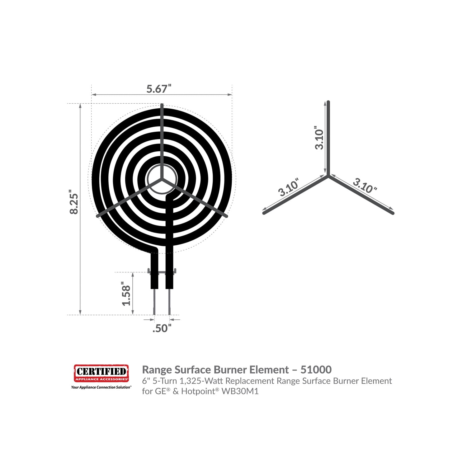 Certified Appliance Accessories 51000 6" 5-Turn 1,325-Watt Replacement Range Surface Burner Element For GE & Hotpoint WB30M1