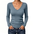thumbnail image 3 of Womens Ribbed Knit Long Sleeve Tops V Neck Slim Fit Solid Color Soft Stretchy Lightweight Breathable Casual Basic Trendy Comfortable Fall Winter Pullover Tops, 3 of 8