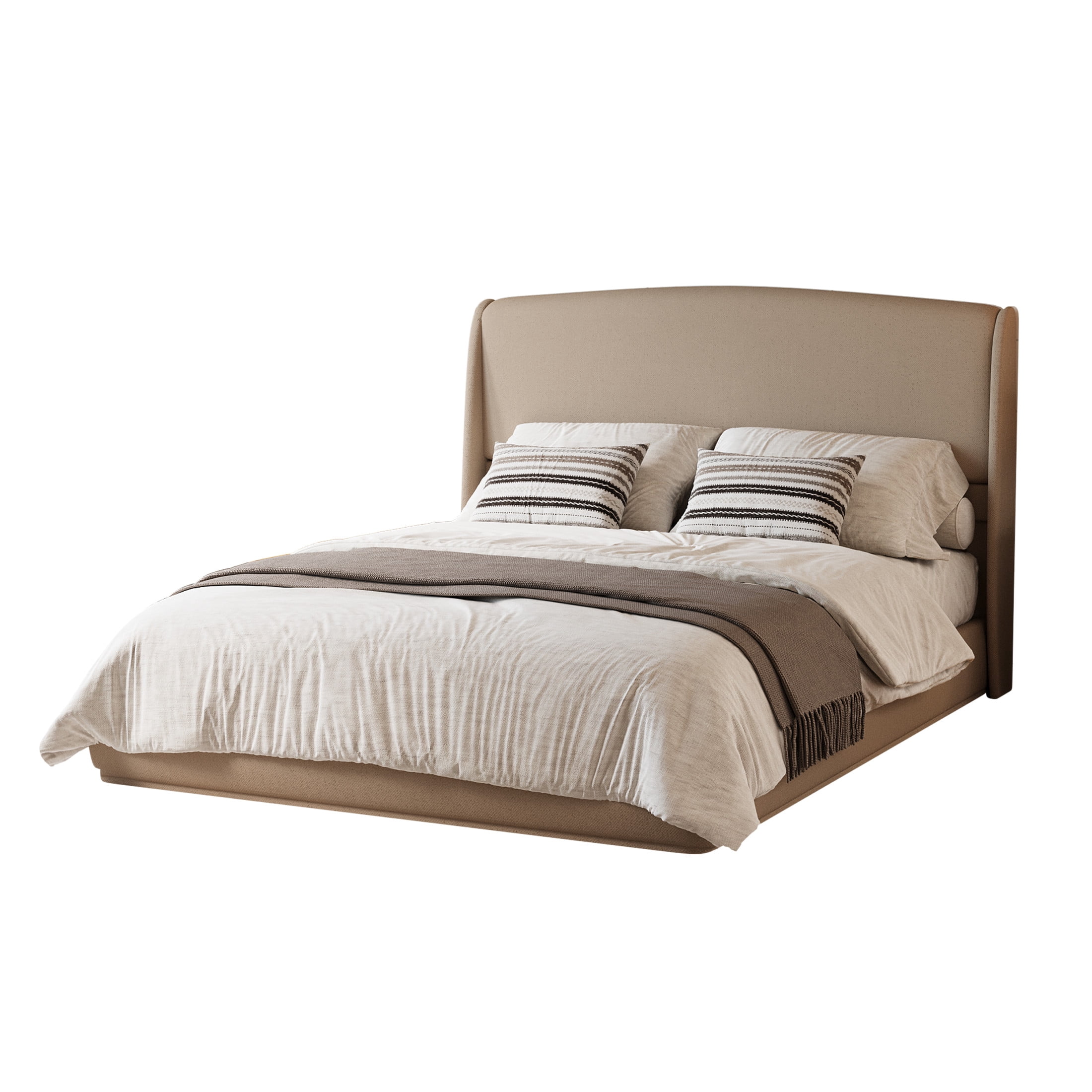 Noble House Queen Size Linen Upholstered Platform Bed with Wingback Headboard, Brown