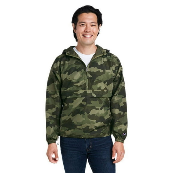 Champion B63284645 Mens Packable Quarter-Zip Jacket, Olive Green Camo - Large