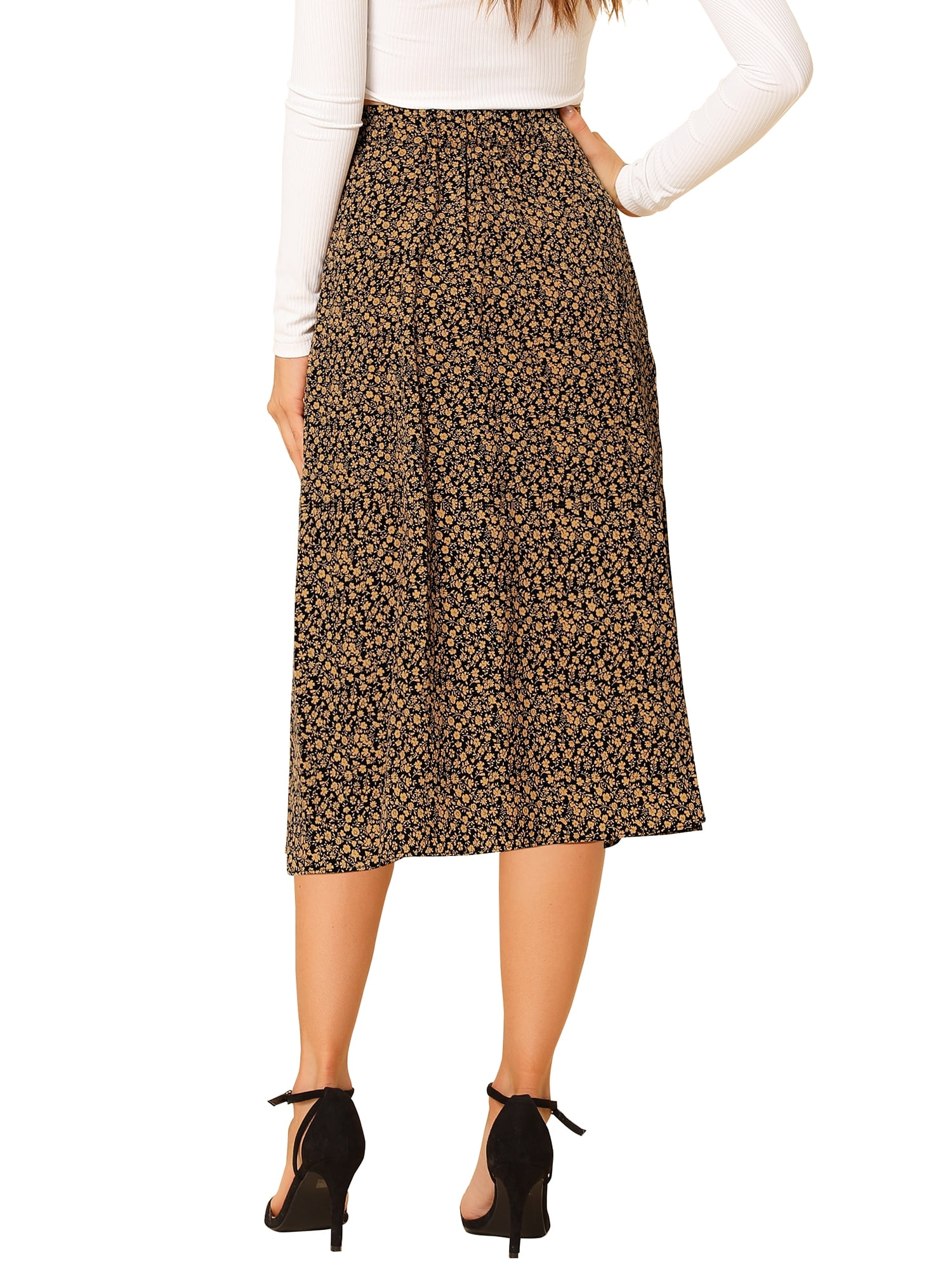 DARING DIVA Women's Elastic Waist A-Line Floral Print Midi Skirt M Black Yellow