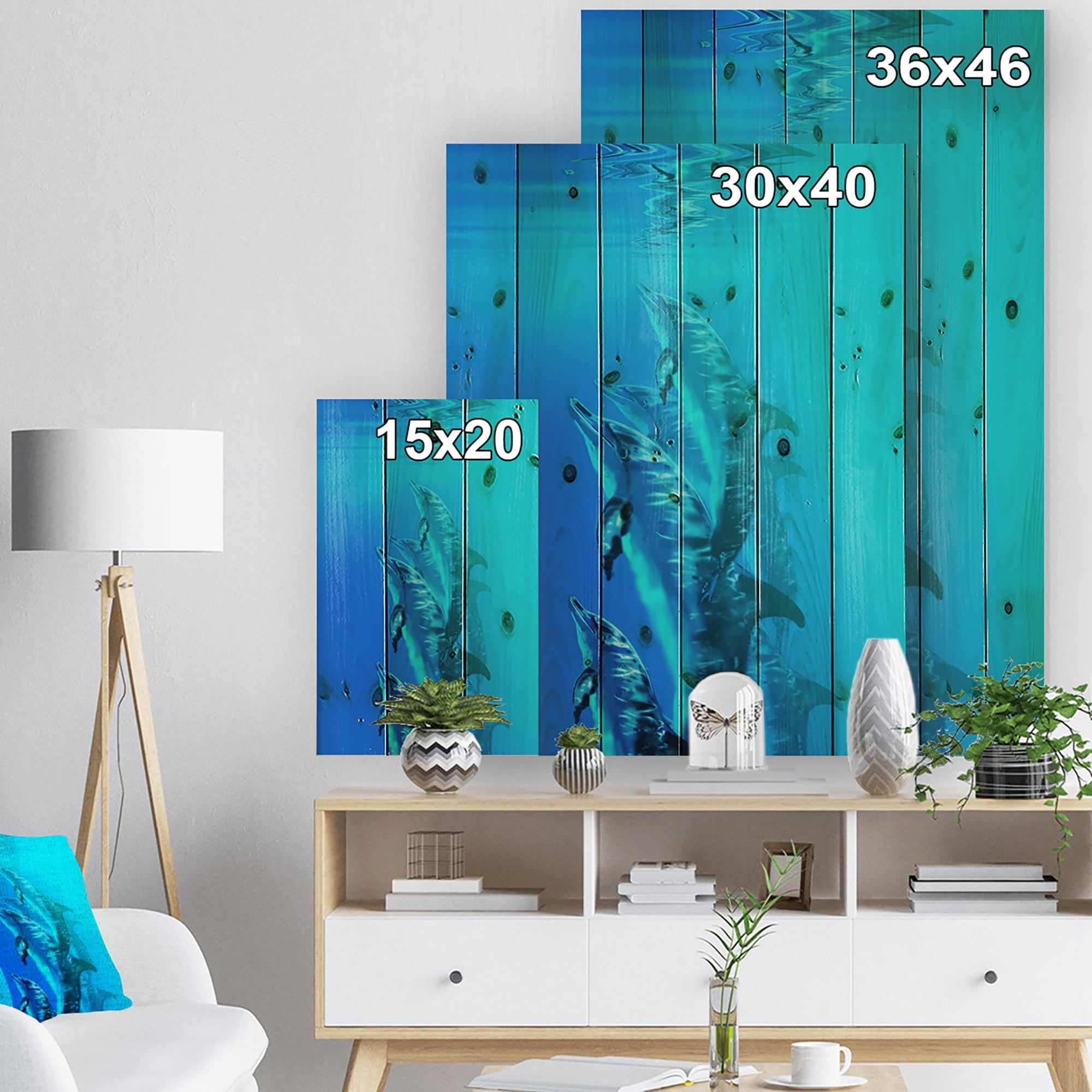 Designart 'Dolphin in Blue Sea' Seascape Print on Natural Pine Wood