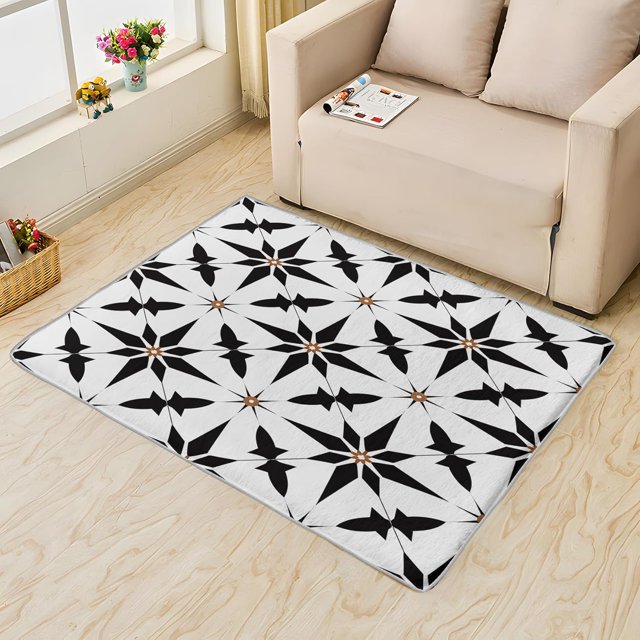 Geometric Rug, Black White Floral Area Rug 4x5, Modern Decorative Rugs for Bedroom, Rugs Low Pile Washable Stain Resistant Easy Clean for Dining Room, Living Room Soft Carpet Decor Xsu&-31