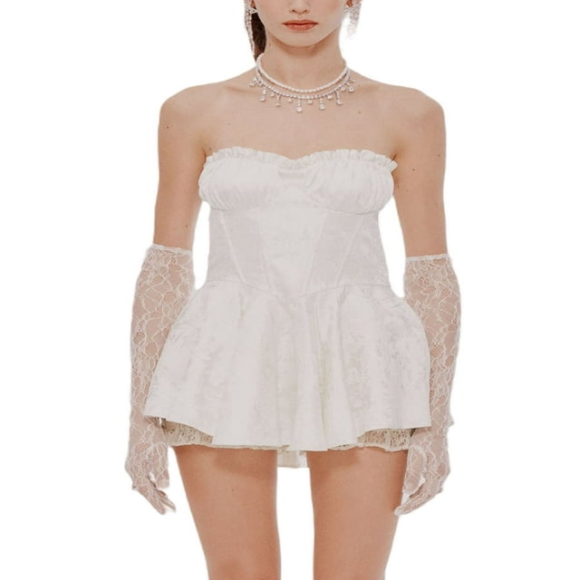PENGXIANG Femmes Bustier Mini Tube Robes Y2K hors Épaule Bas Coupé Ruché une Ligne Robe D Été Bodycon Partie Robe S Blanc Crème