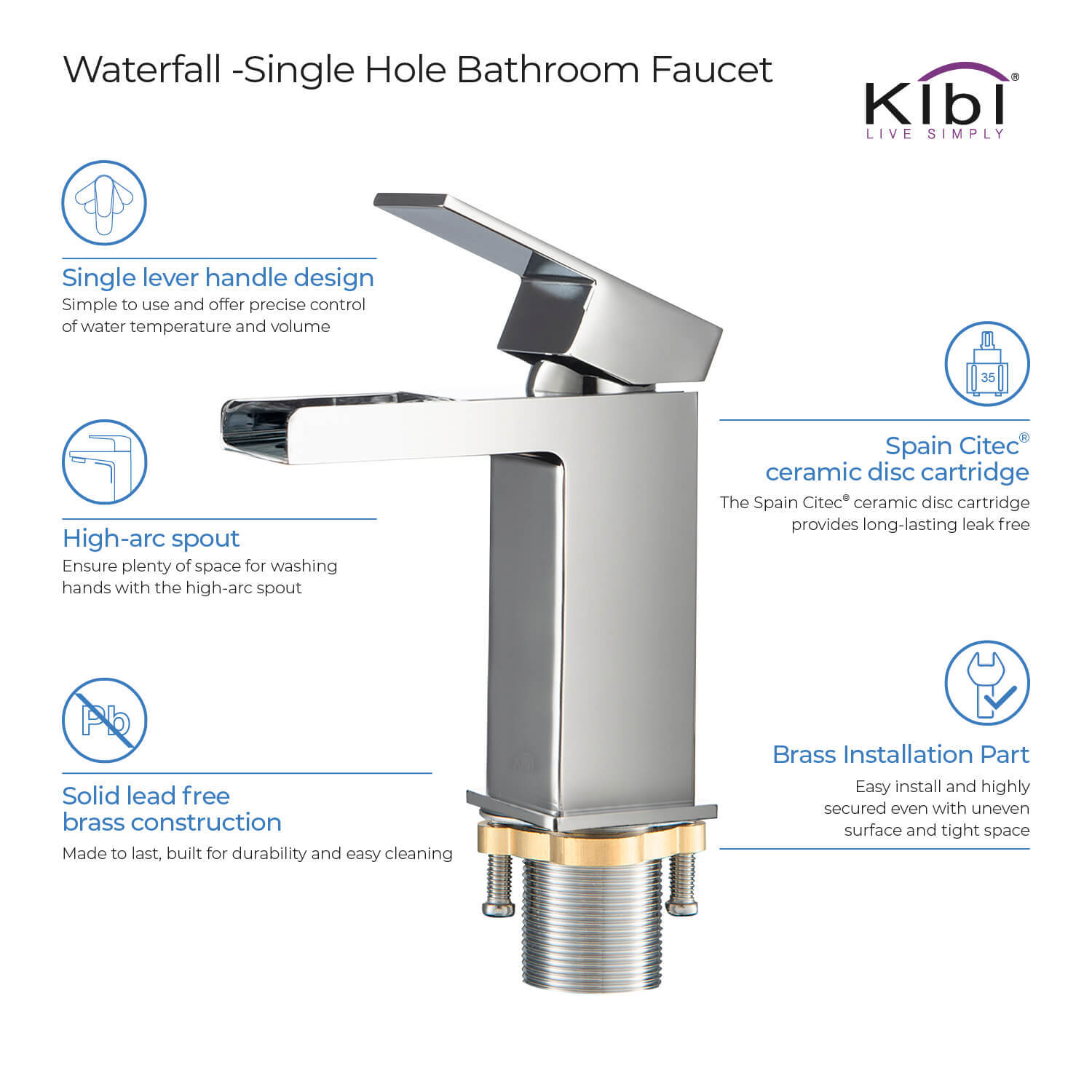 Kibi Waterfall Single Handle Bathroom Vanity Sink Faucet with Pop Up Drain