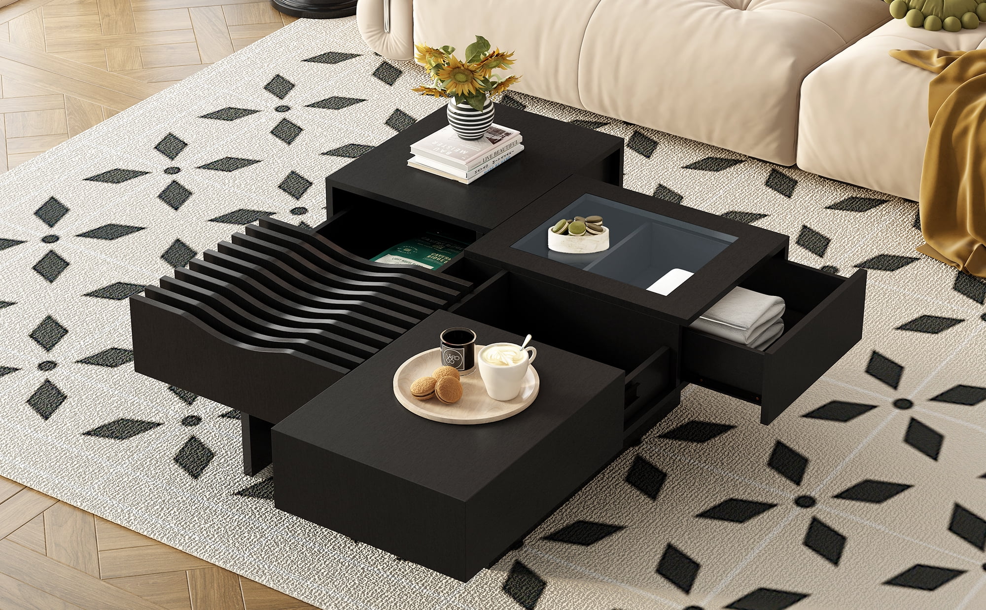Euroco Multifunctional Square Coffee Table with Wave Design & Storage Drawers – Modern, Sturdy, Easy Assembly
