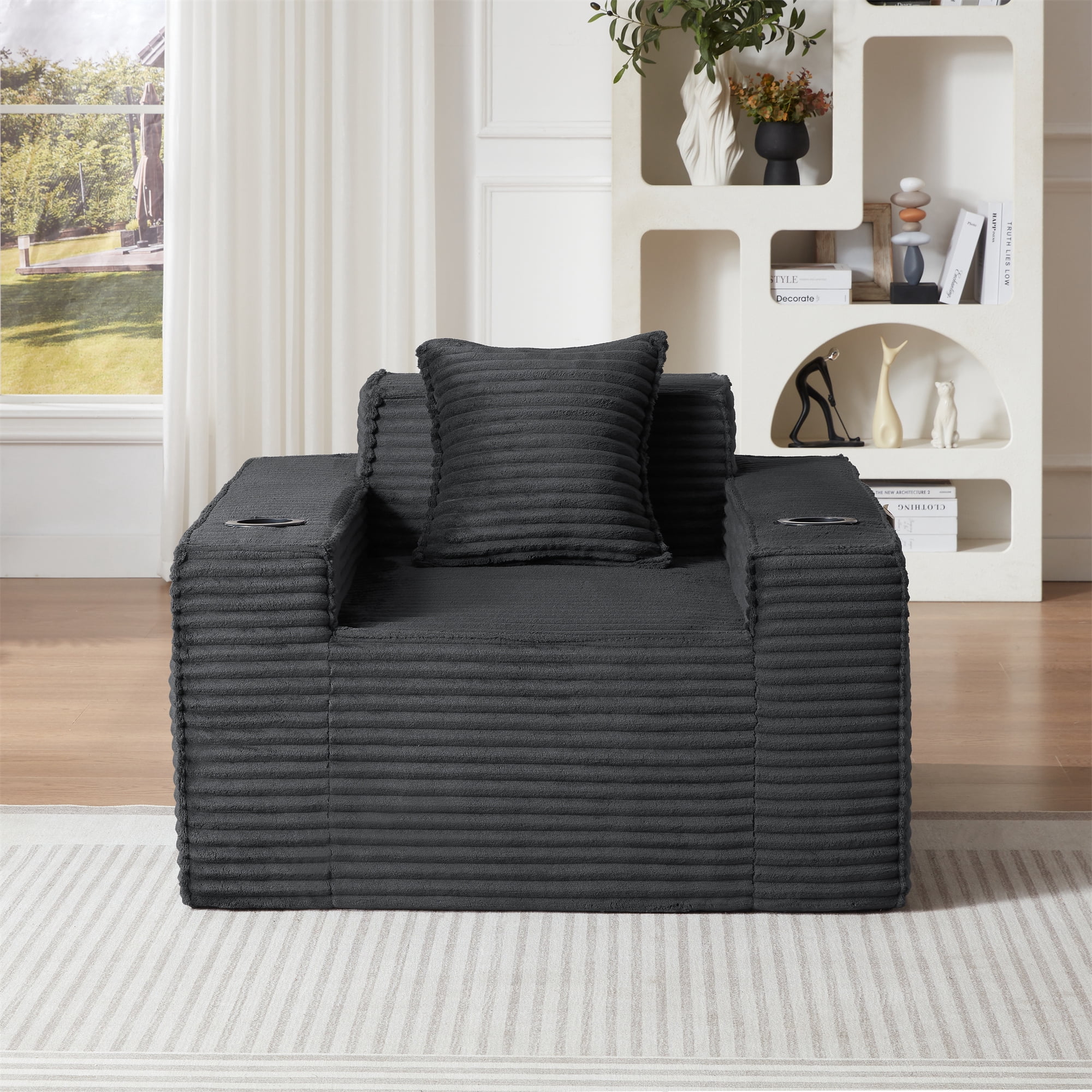 Aukfa 3 Piece Sofa Set - 43.5" Oversized Armchair Boneless Couch w/ 2 Cup Holders&Side Pockets, Gray