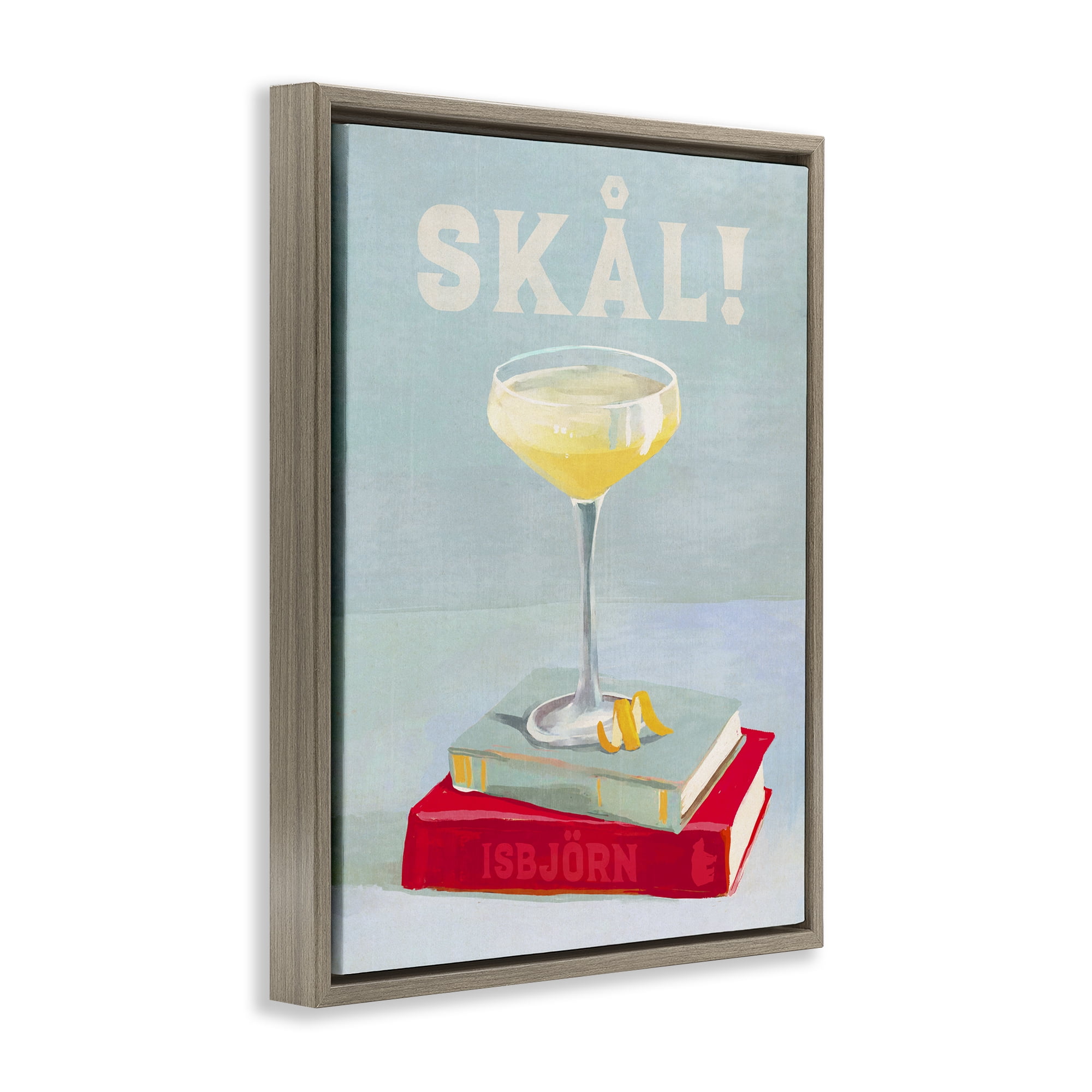 Stupell Industries Skal Cocktail & Bookstack Food & Beverage Painting Brown Floater Framed Canvas Art Print Wall Art, 25 x 31