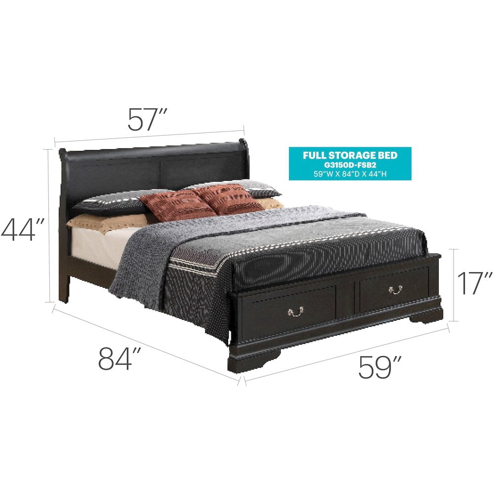 Glory Furniture Louis Phillipe Full Storage Bed in Black Color