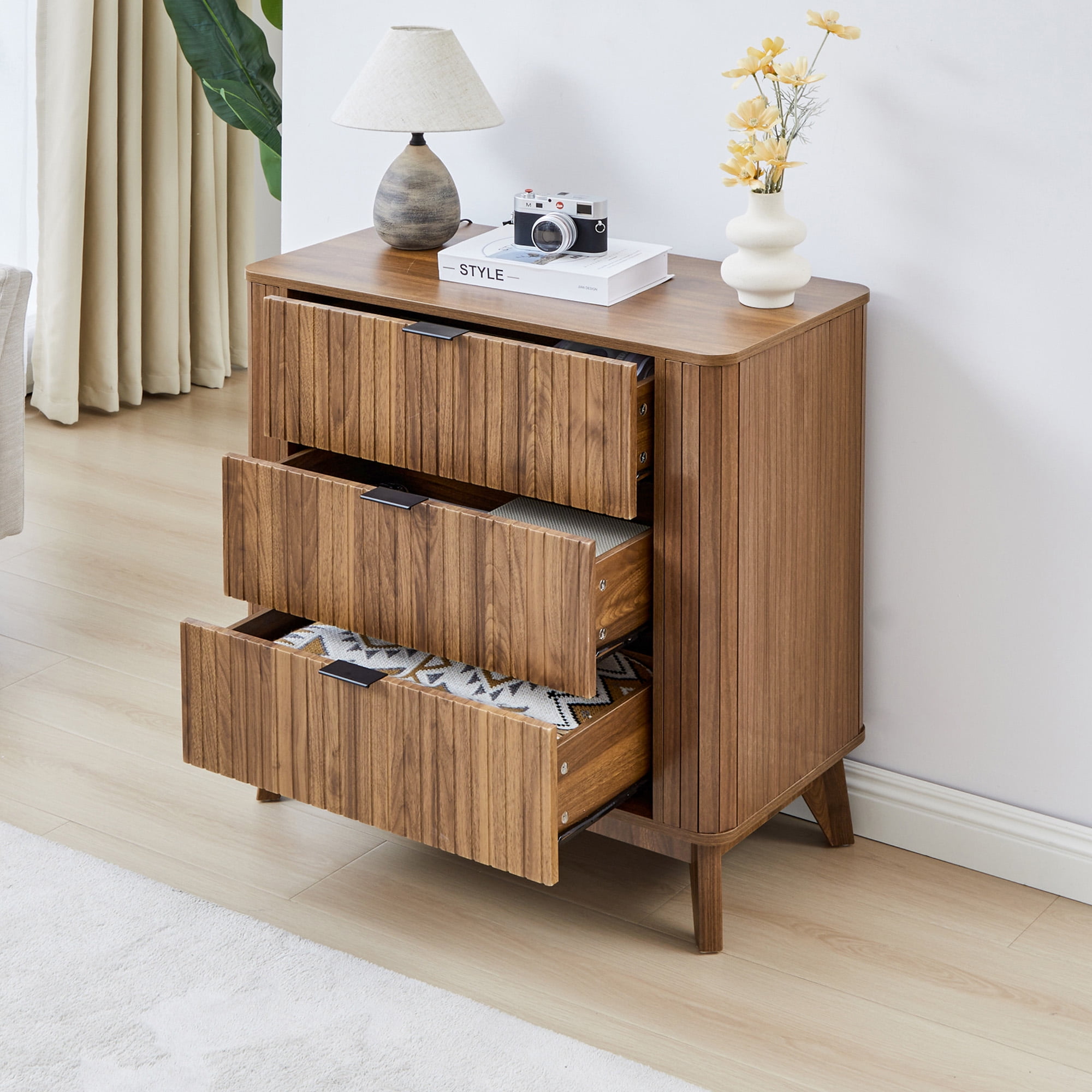 LEFHDA Mid-Century Modern Wood Dresser Set of 2 | Curved Fluted 3-Drawer Chest for Bedroom & Living Room | Walnut Storage Cabinet with Anti-Tipping Safety