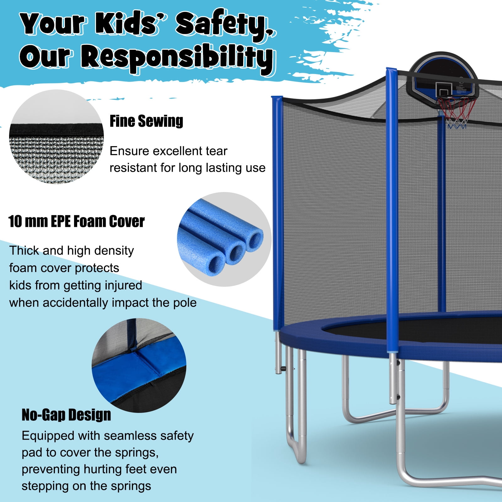 Infans 12FT Outdoor Large Trampoline Safety Enclosure Net w/ Basketball Hoop Stepper