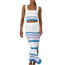 XuJwPNcy Women 2 Piece Outfits Crochet Hollow out Skirt Set Slim Crop Top and High Waist Split Maxi Skirt Knit Beach Set