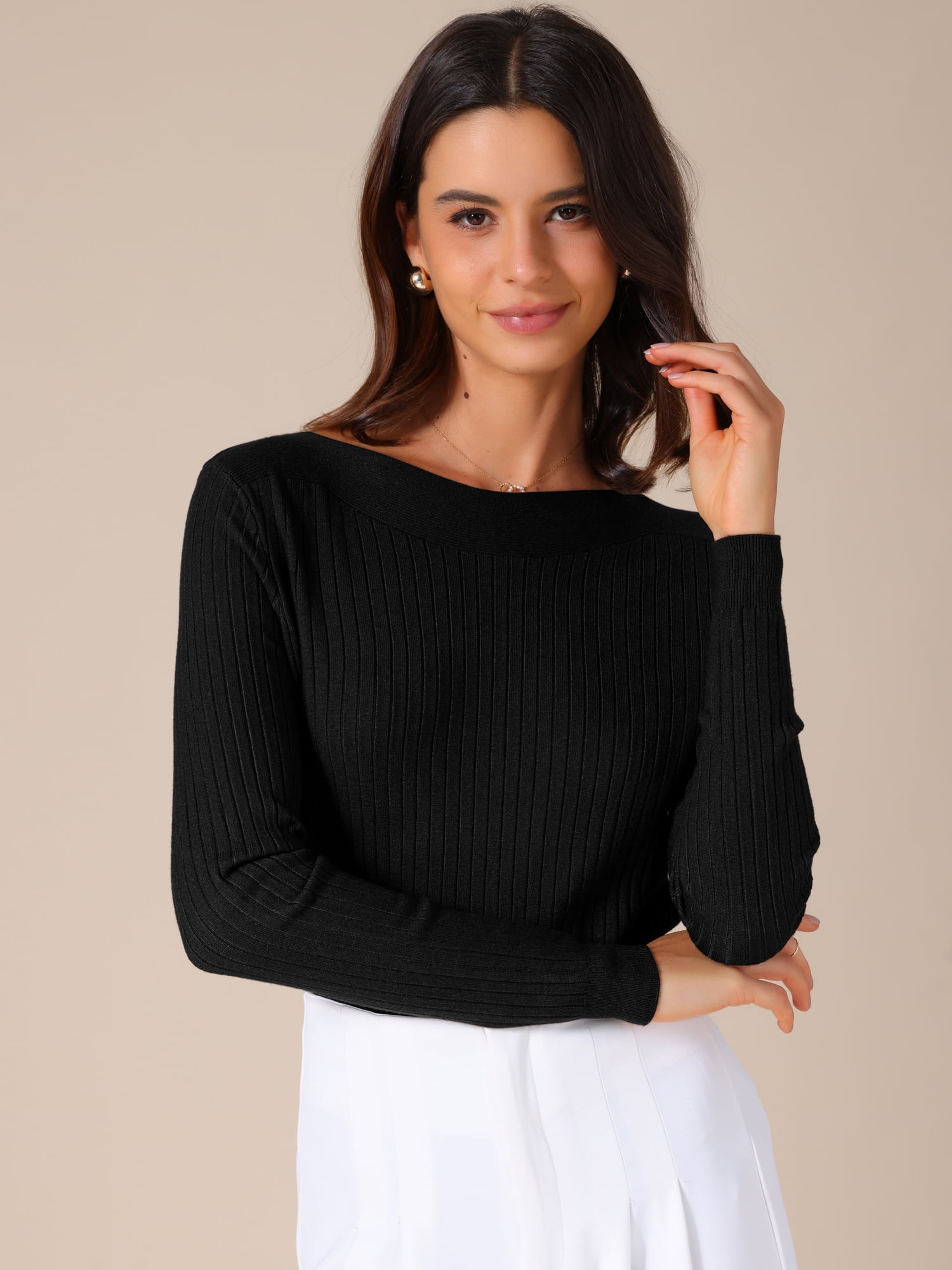 DARING DIVA Women's Boat Neck Long Sleeve Ribbed Sweaters S Black