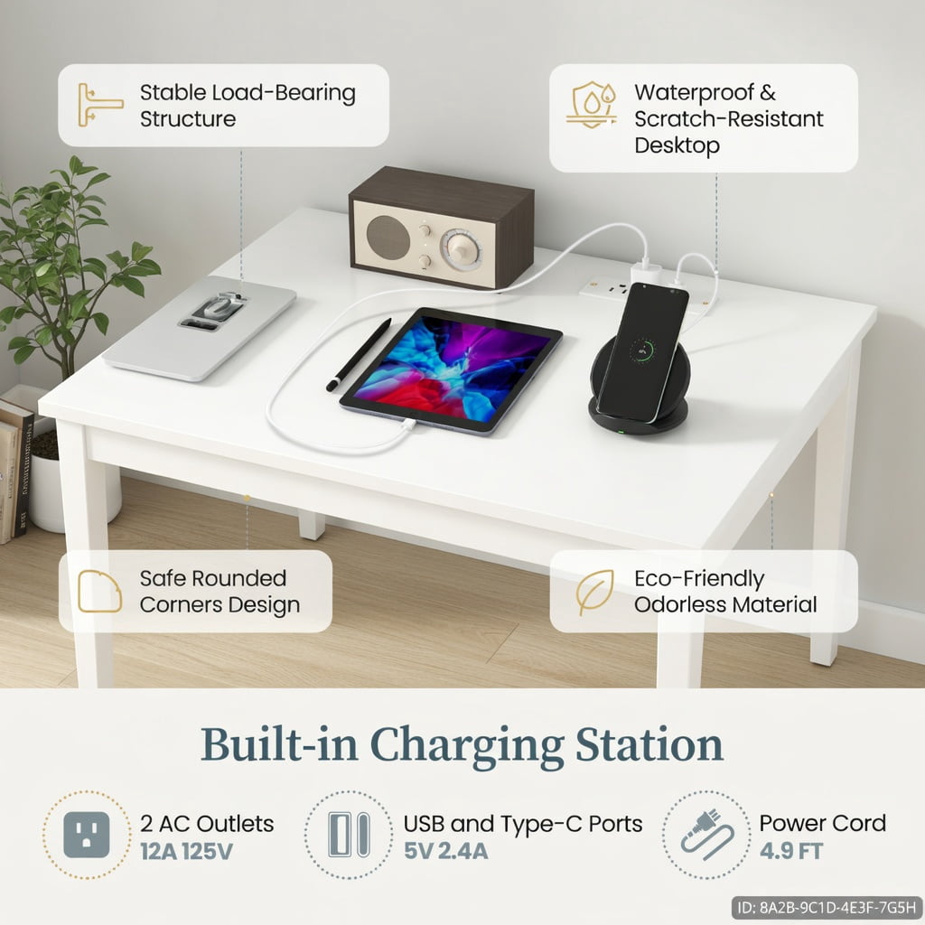 Demi Bonn White Home Office Desk, Keyboard Tray, Reinforced Crossbar, with Charging Station and Adjustable Shelf-White