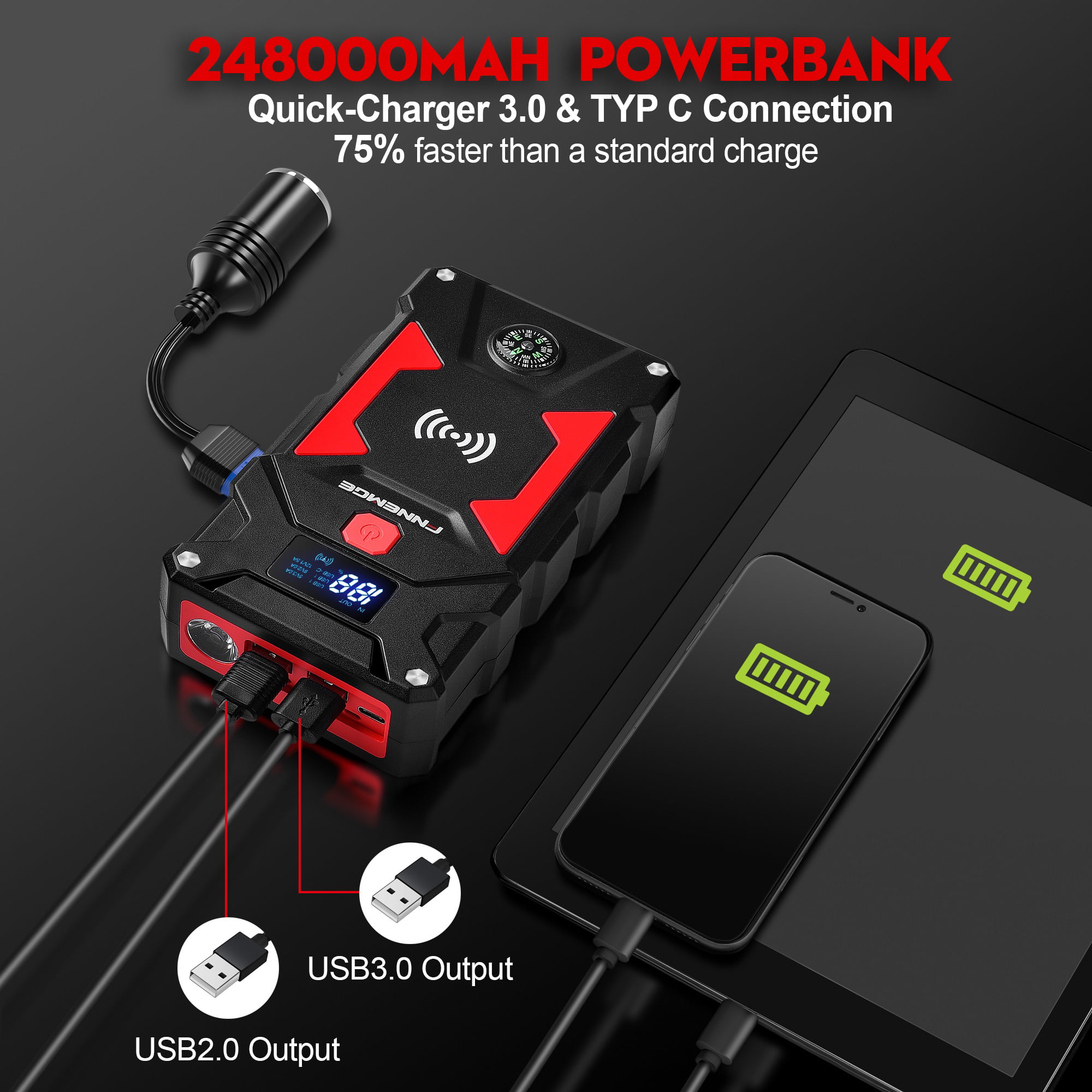 FNNEMGE Car Jump Starter 3500A Peak 26800mAh 12V Super Safe Jump Starter(Up  to All Gas, 10.0L Diesel Engine), with 10W Wireless Charger Power Bank, USB  Quick Charge 3.0 (3500A/26800mAh) 