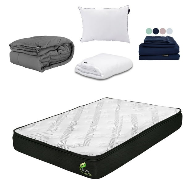Colchón Queen Size DICASA Enzo + Almohada One + Protector Cloud + Sábanas Softy + Edredon Homy