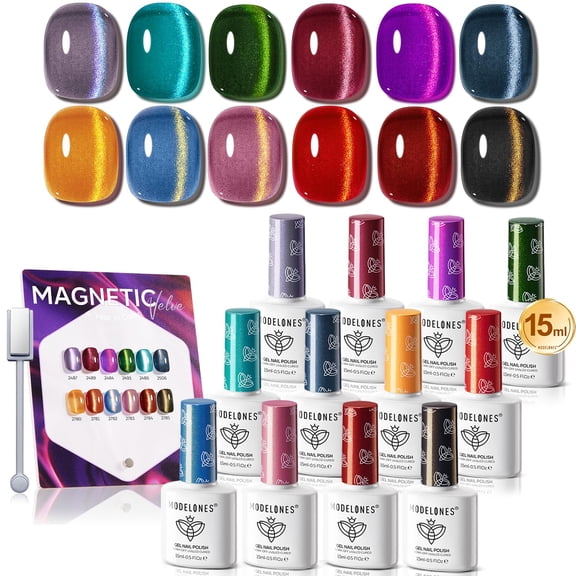 modelones 12Pcs 15ML Cat Eye Gel Nail Polish Set, Same Color Same Bottle Summer Green Blue Yellow Pink Red Purple Cateye Gel Polish Set with Magnet Sparkle Series Hema-free Gel Polish Kit Nail Art