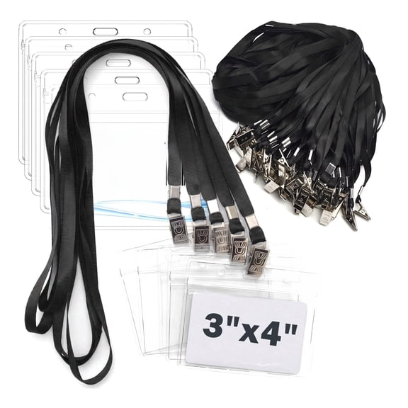 50 Pack 4x3" Waterproof ID Badge Holders with Lanyards – Horizontal, Black – for Conferences, Events & Meetings