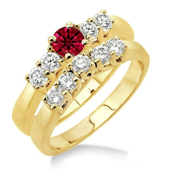 2 Carat Red Ruby Five Stone Moissanite Diamond Bridal Set on 10k Yellow Gold