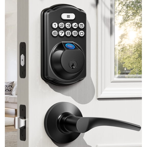 Veise Keyless Deadbolt Door Lock with Lever Handles, Fingerprint Keypad, Matte Black