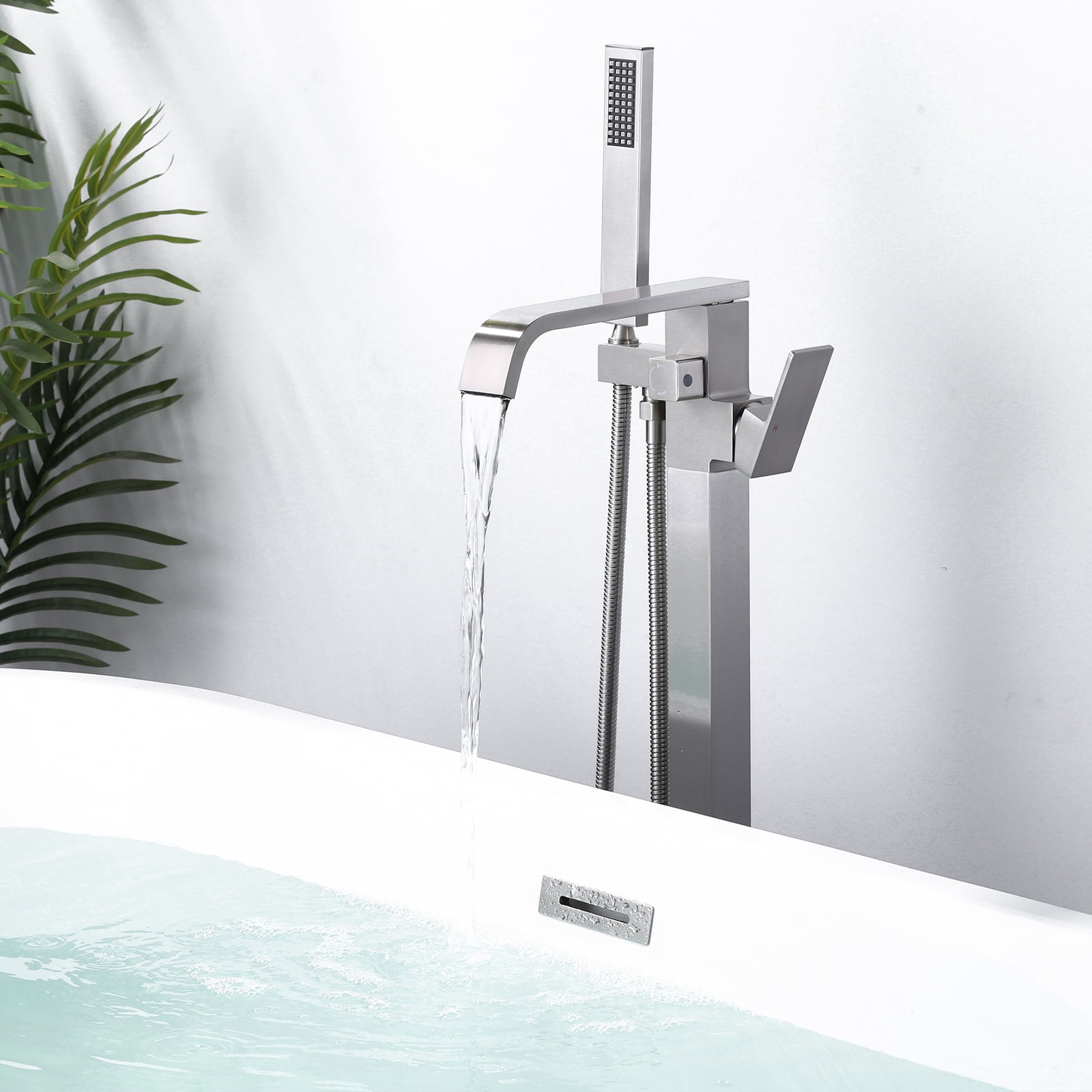 Wowow Brushed Nickel 1-handle Freestanding Waterfall Bathtub Faucet with Hand Shower (Valve Included)