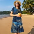 thumbnail image 4 of Salouo Golden Blue Mountains for Women's Short Sleeve Summer Dress, Pleated Loose Swing Knee Length Dresses with Pockets, 4 of 6