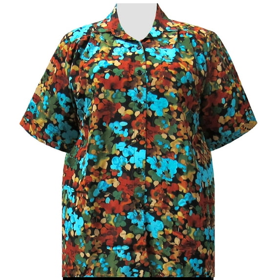 A Personal Touch Women's Plus Size Short Sleeve Button-Up Print Blouse with Pleats Multi Marigolds - 4X