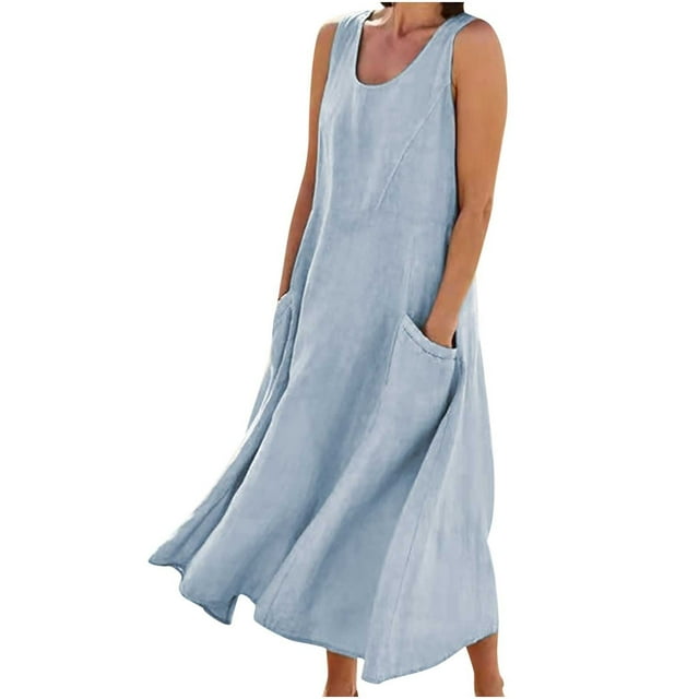 Ersazi Robe Longue d'Été Décontractée pour Femmes, Couleur Unie, Sans Manches, en Coton et Lin, Robe de Bal pour Adolescentes 10 - Robes Bleu Clair pour Femmes 5TG