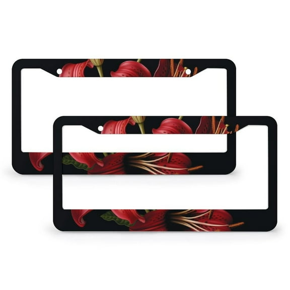 License Plate Frame Large Red Lilies Standard Car Tag Cover Holder 2 Pcs Set Lily Floral Metal License Plate Cover for US And CA