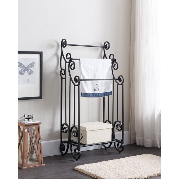 Black Metal Finish Large Towel Rack Bathroom Stand Shelf Three Bars