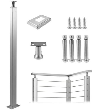 KFFKFF Wire Handrail Post for Deck Stair, 42 x 1.97 x 1.97", Stainless Steel Cable Railing Post with Pre-Drilled Pickets, Includes Mounting Bracket, Silver Stair Railing Kit