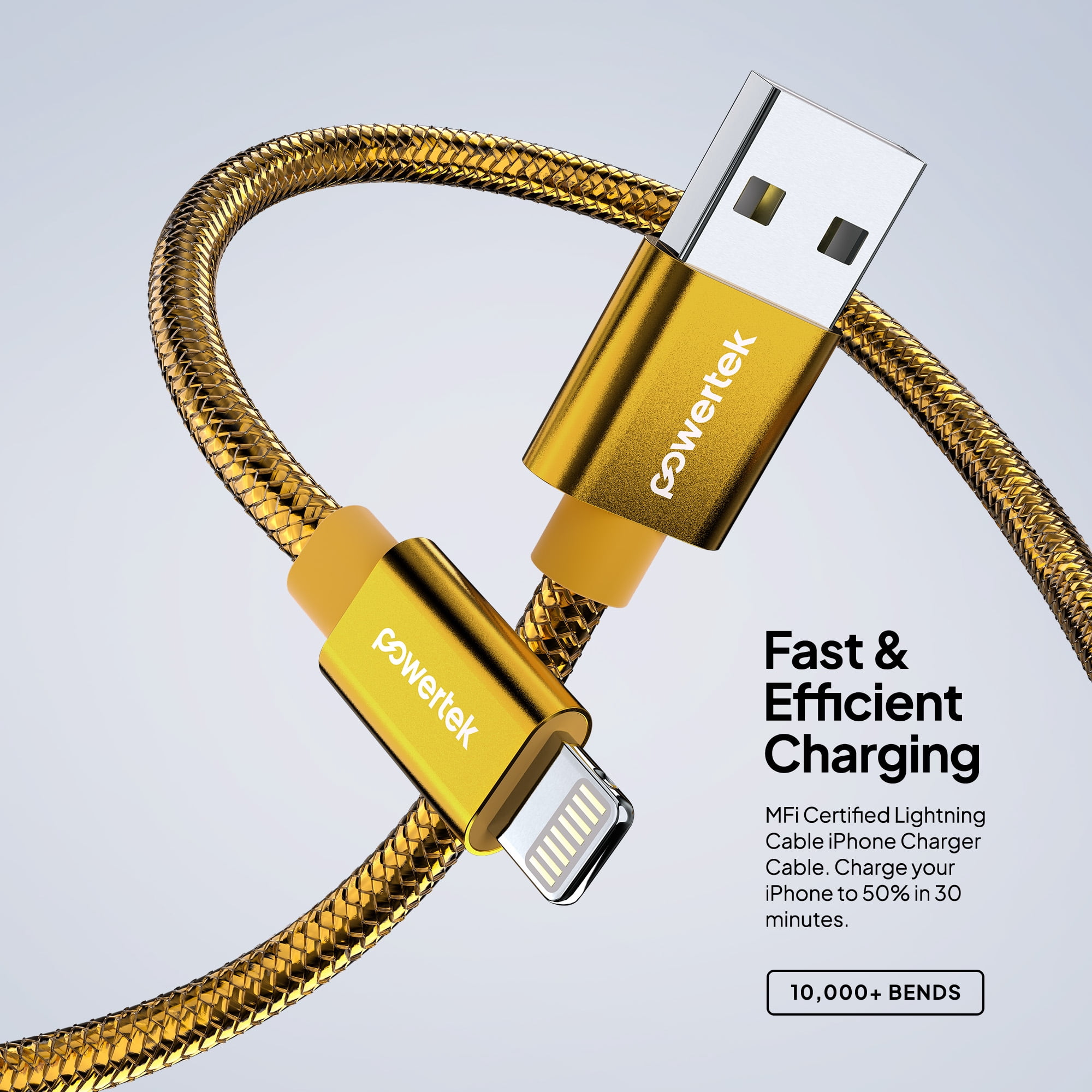 Powertek Luxe 6ft USB-A to Lightning Cable, Gold, Fast Charge & Sync, Metallic Mesh PVC Jacket, Durable Tangle-Free Design