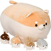 Snugababies Shiba Inu Stuffed Animal Mommy with 4 Baby Puppies in Tummy - Plush Toy Anime Corgi & Akita Kawaii Dog Soft Pillow; Plush Toy Gifts for Boys Girls