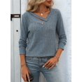 thumbnail image 6 of Long Sleeve Shirts for Women V Neck Fall Sweaters Dressy Casual Basic Tops Trendy Pullover Gray Blue S, 6 of 9