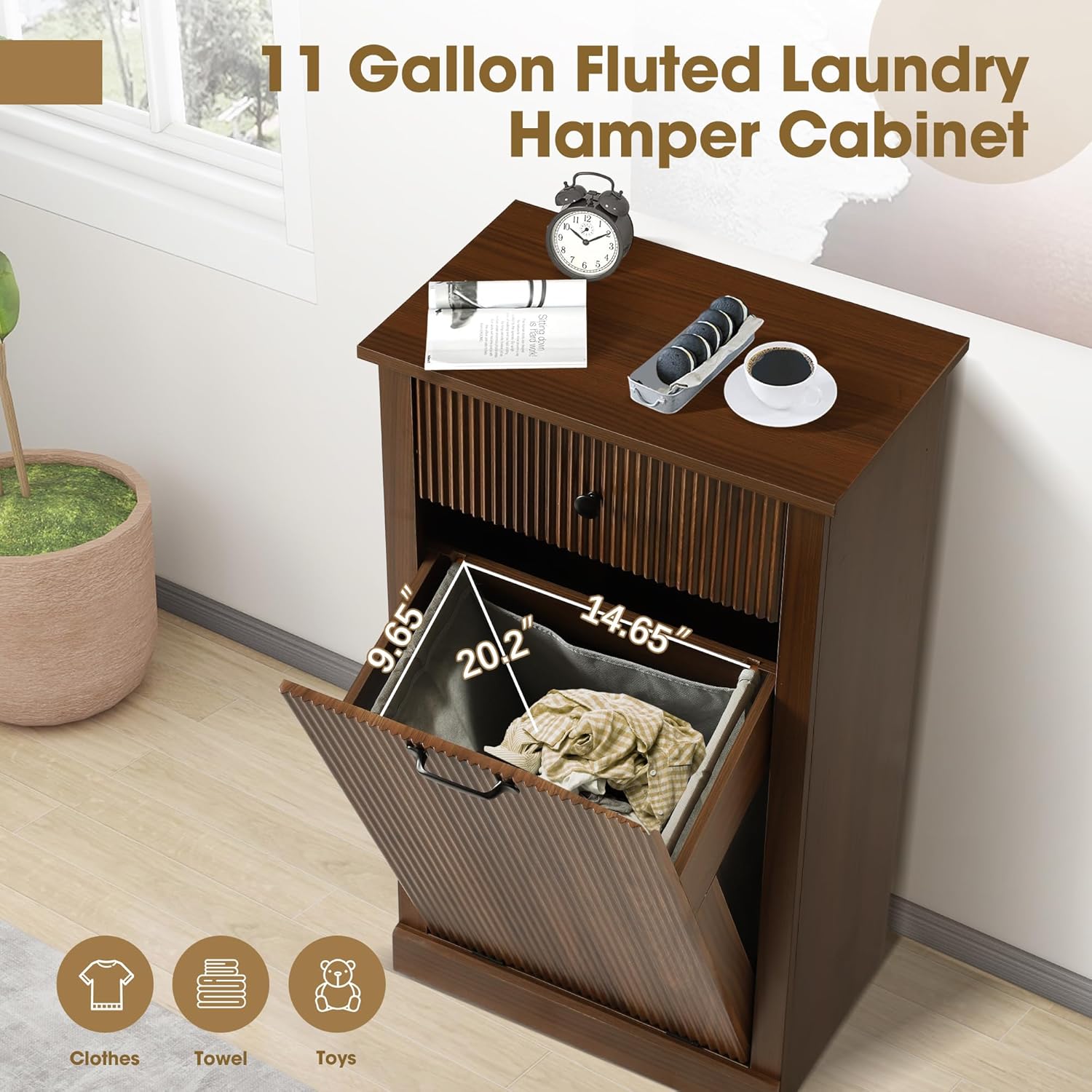 Magic Union Tilt Out Fluted Laundry Hamper Cabinet, 11 Gallon Hidden Laundry Hamper, Wooden Trash Can Cabinets with Drawer, Modern Garbage Can Cabinet for Bathroom, Kitchen, Living Room
