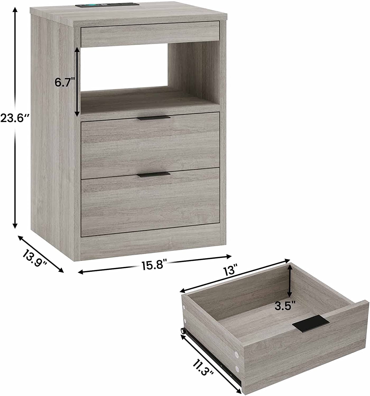 Afuhokles Nightstand with Wireless Charging Station and LED Lights, Gray Night Stand with 2 Drawers and Open Storage for Bedroom, Bedside Table with Pull-Out Shelf