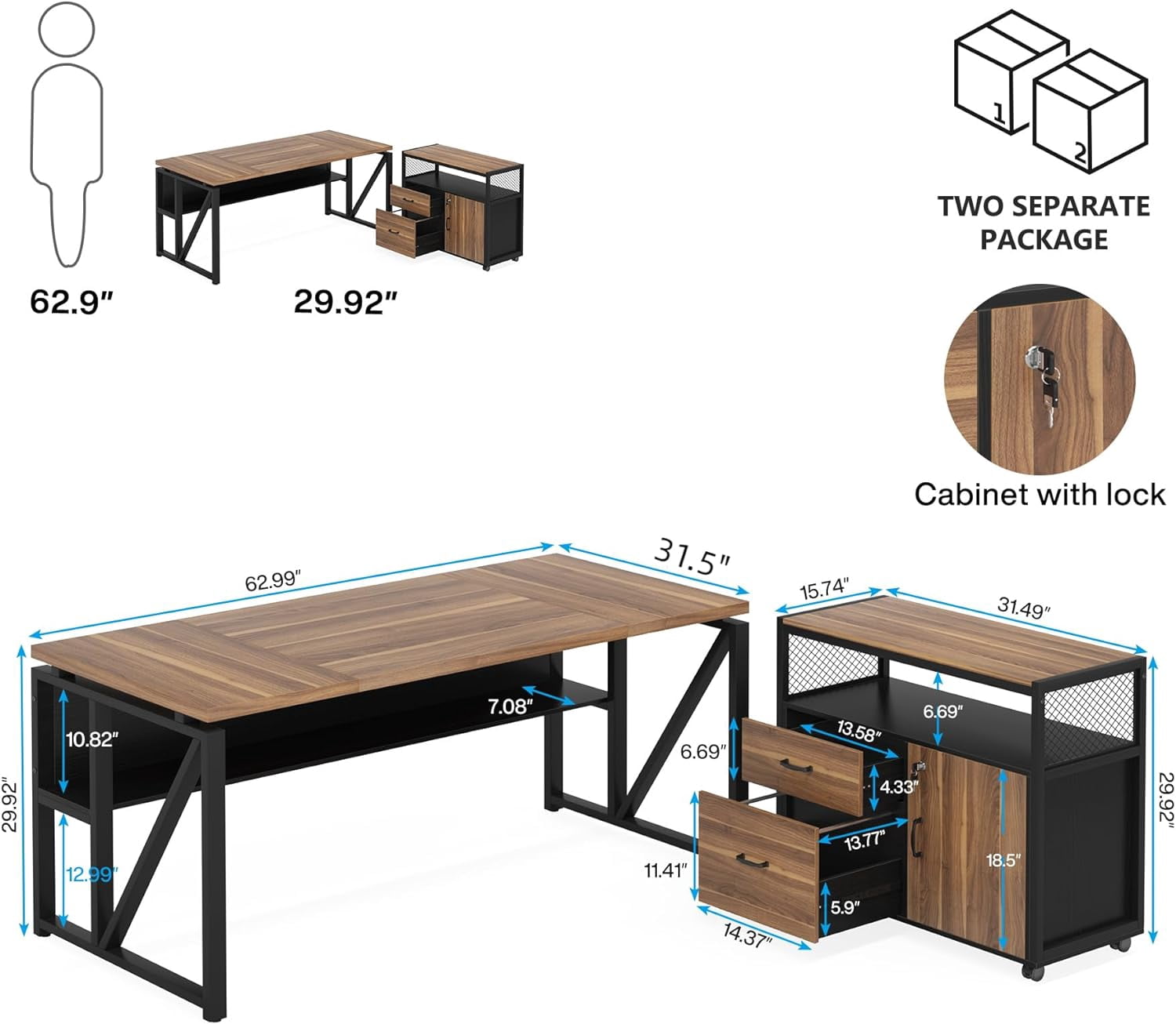 63" L Shaped Executive Desk with Drawer Cabinet, Computer Desk and Lateral File Cabinet, 2 Piece Home Office Furniture