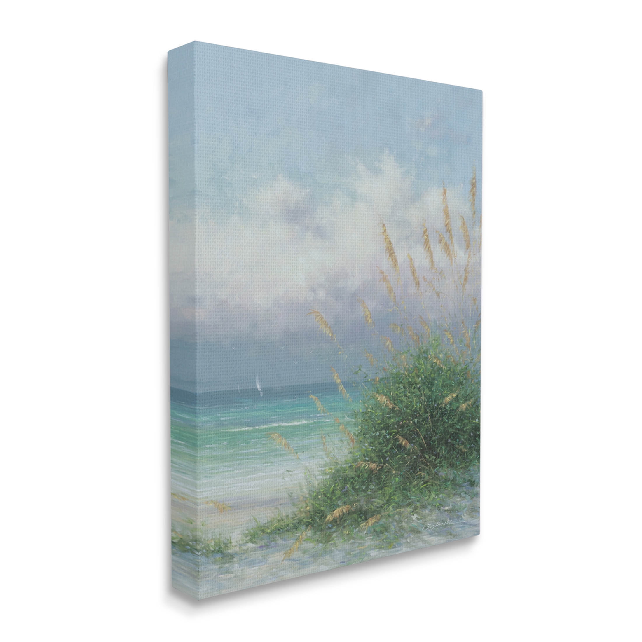 Ocean Waves Beach Reeds Coastal Painting Gallery Wrapped Canvas Print Wall Art