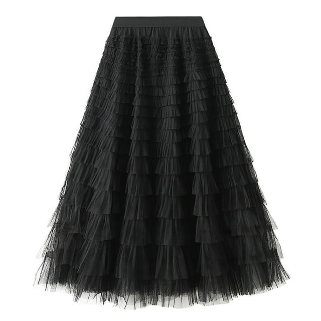 Birdeem Womens Solid Color Ruffled Mesh Skirt High Waist Prom Poached Skirt Half-Length Skirt