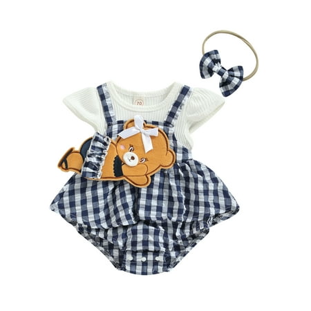 

Qtinghua Newborn Baby Girls Summer Romper Plaids Print Cartoon Bear Jumpsuit Bodysuit Headband Clothes