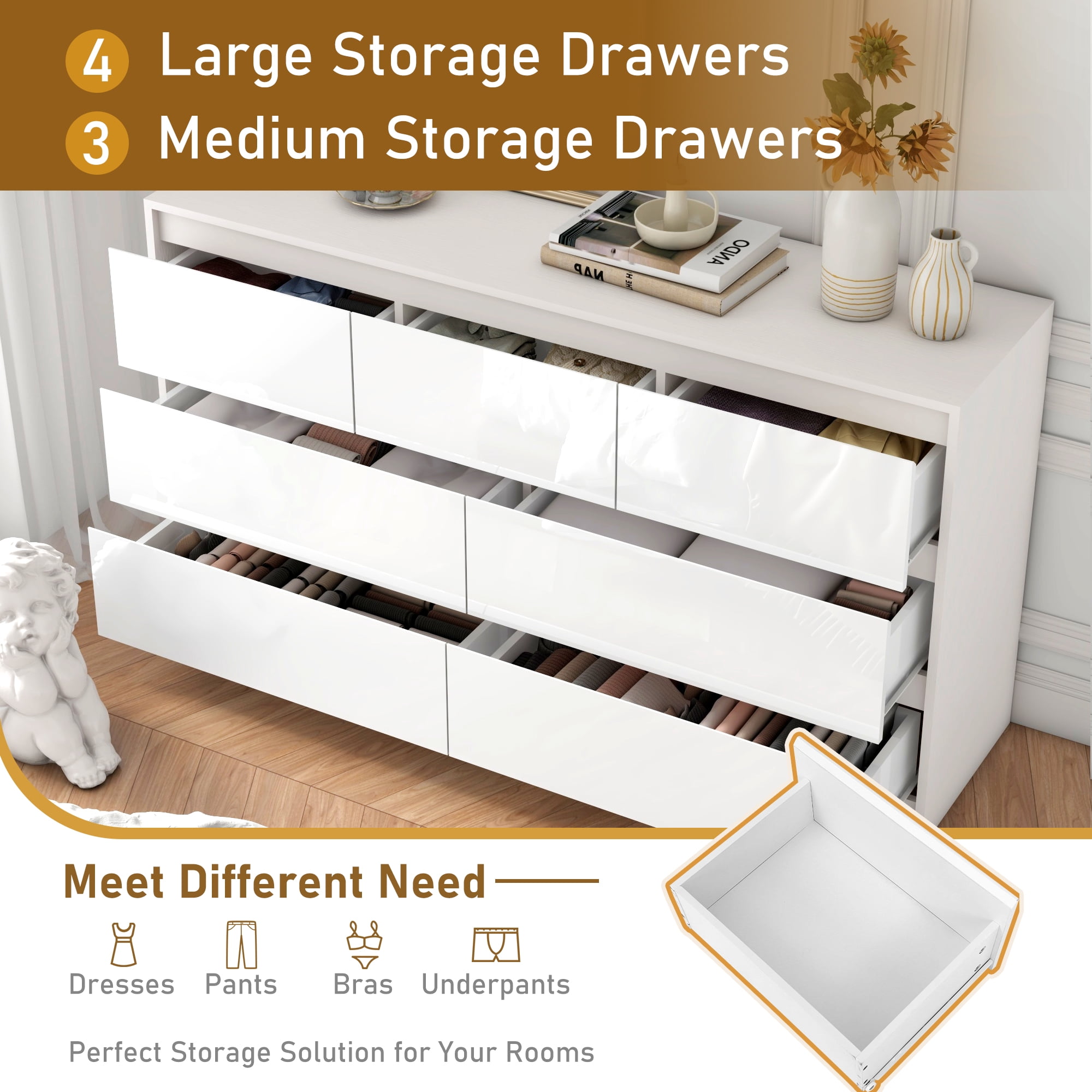 ChVans 7 Drawer Dresser for Bedroom, 55" Modern High Gloss White Dresser with Wood Chest of Drawer Handle Free, Long Dresser for Bedroom, Living Room, Entryway, Hallway