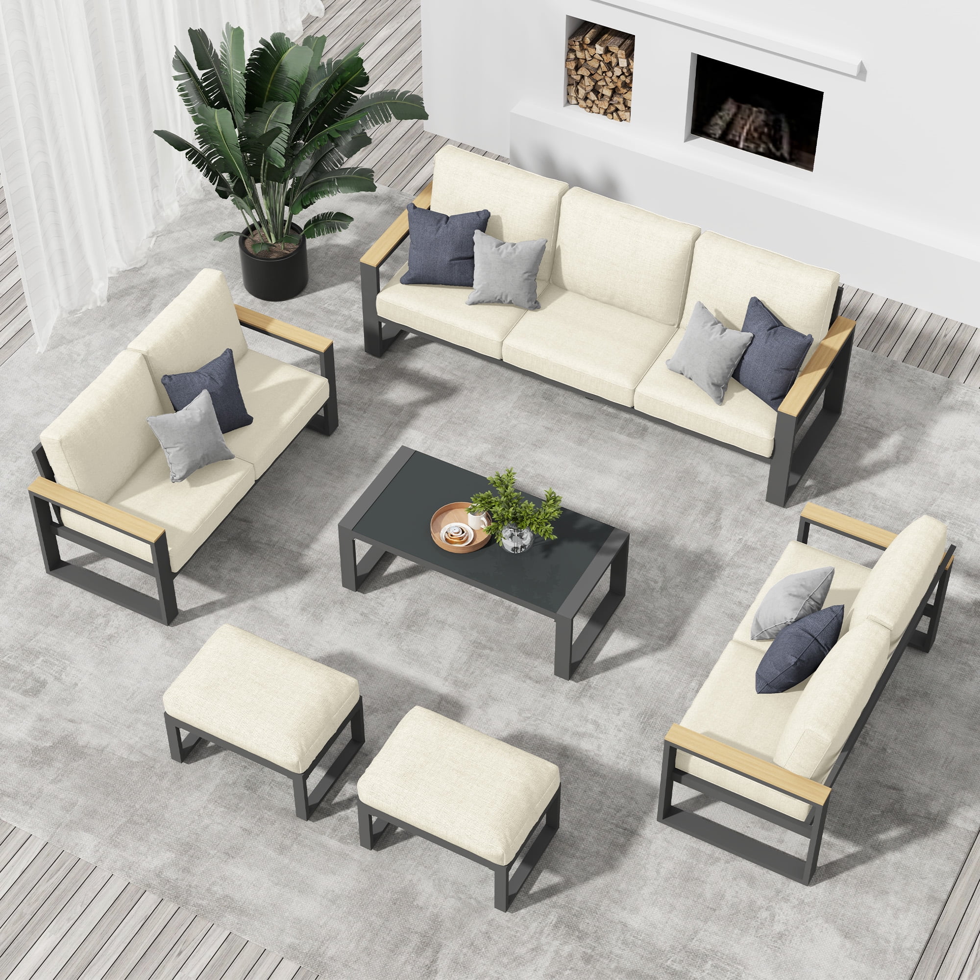 Heynemo Aluminum Outdoor Coffee Table, All-Weather Metal Rectangular Patio Side Table with Tempered Glass Top, Patio Tables for Porch Backyard Garden, Beige