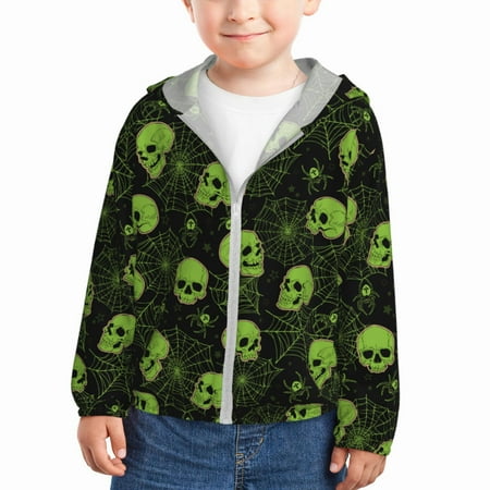

Qekee Skulls And Cobwebs Print UPF 50+ Kids Sun-Protective Hooded Long Sleeve Rash Guard for Fishing Water Beach Sports -5 Years
