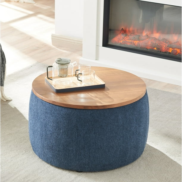 Syngar Storage Ottoman With Tray Round Coffee Table Handmade Cube Organizer End For Living Room Navy Lj424 Com Syngar Storage Ottoman With Tray Round, Fabric Ottoman Coffee Table Round