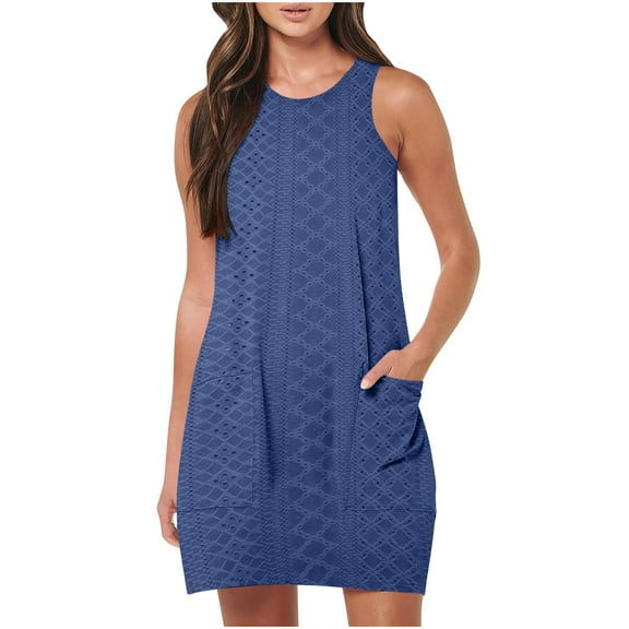 Coverup Summer Dresses for Women ,Summer Casual Round-Neck Solid Color Short Sleeveless Dress, 2025 Eyelet Casual Loose Sundresses Tank Dresses with Pockets