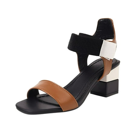 

Sandals Women Ladies Fashion Blocking Leather Open Toe Hook Loop Thick High Heeled Sandals