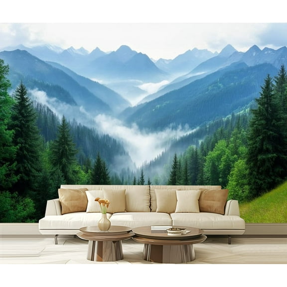 Peel and Stick Wallpaper Canvas Misty Pine Forest Mountain Peaks Landscape Mountains Fog Evergreen Modern Art Wall Mural Decor Self Adhesive and Removable 69in x 98in