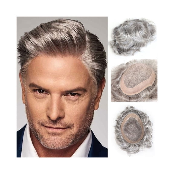 #580 Grey Wavy Human Hair Toupee for Men, 8"x10" Fine Mono with Npu Around Male Hair Prosthesis